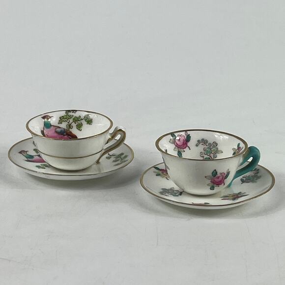 Crown Staffordshire Mini Teacup Saucer Set Floral Bird Gold Bone China England - Picture 1 of 14